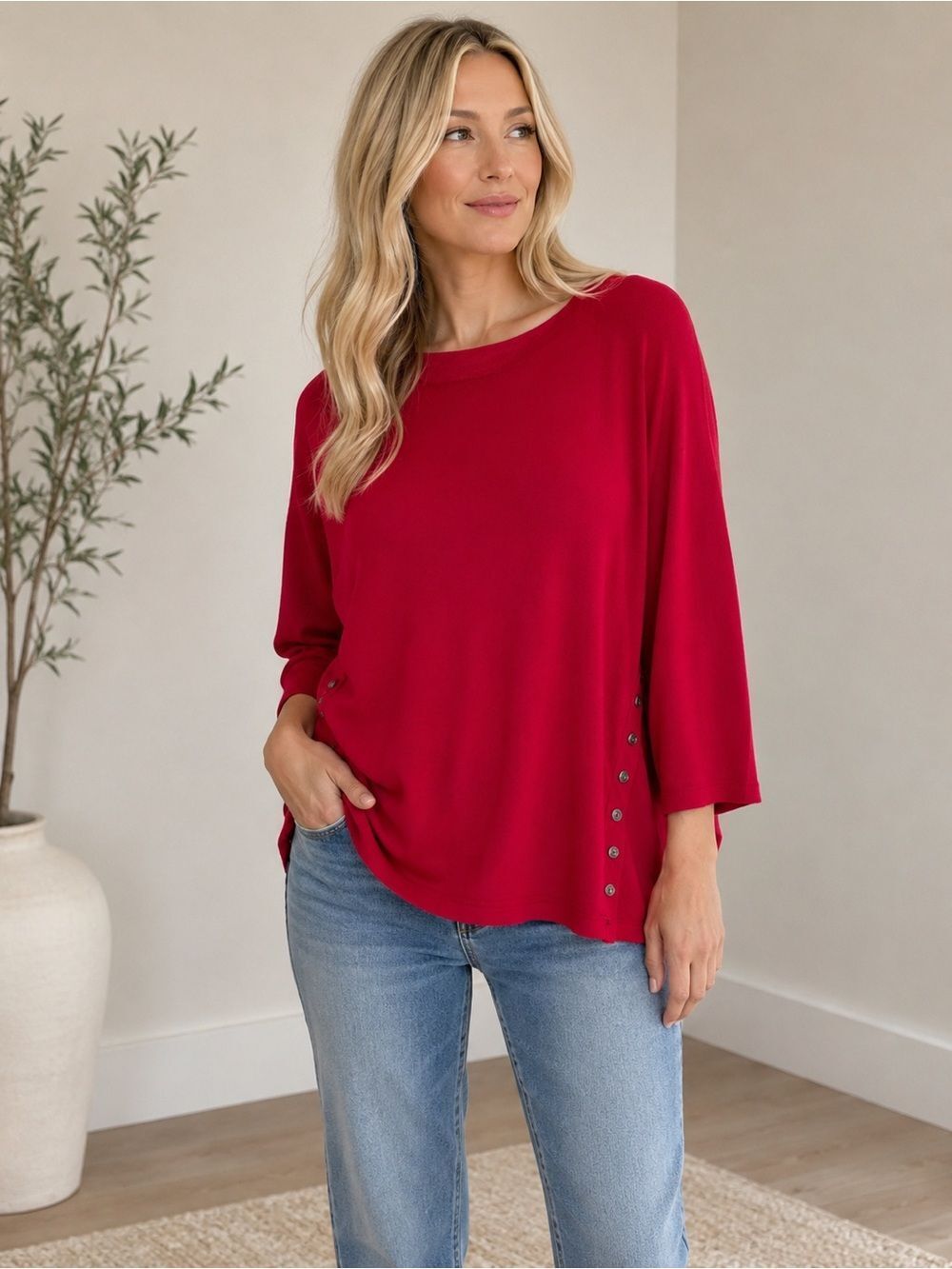 J. Jill Women's Button-Side Red Relaxed Sweatshirt